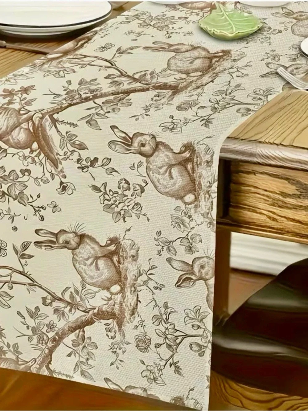 Vintage Woodland Rabbit Print, Farmhouse Spring Neutral Tone 13”x72” NWOT